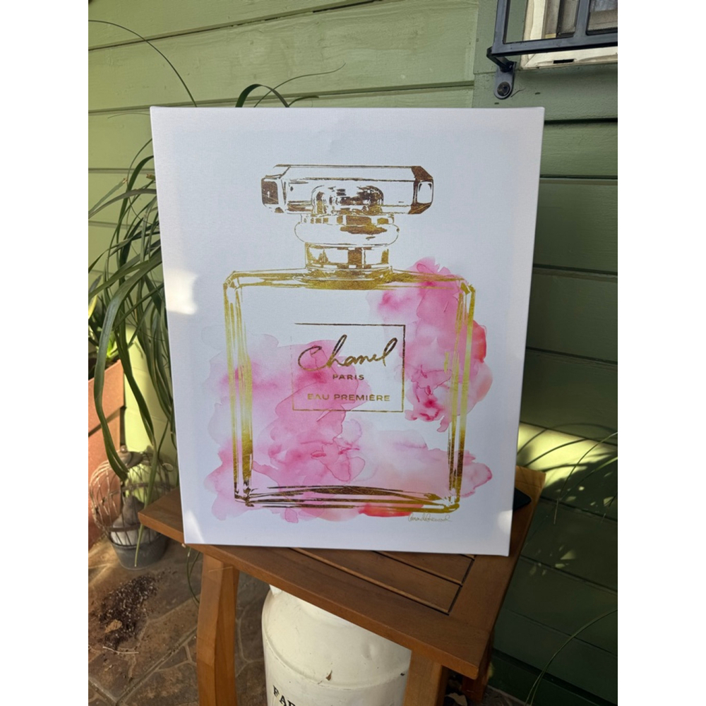 Home Art Painting Perfume Bottle in Gold and Pink.